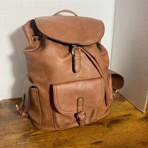 Gussaci Brown Pebbled Vegan Leather Drawstring Backpack Gold Hardware NWT